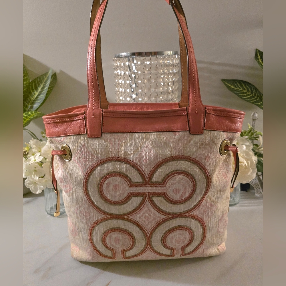 Coach Pink Leather-Trim Patterned Canvas Tote